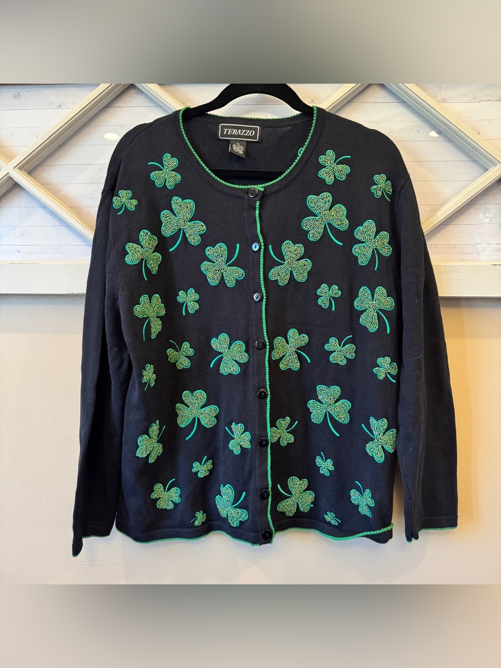 Black Shamrock Embroidered Knit Cardigan - Green Accent Beaded Shamrock
